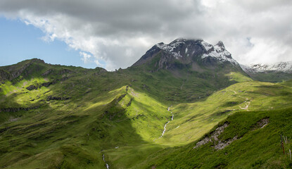 Majestic Green Mountain Landscape with Streams and Cloudy Sky