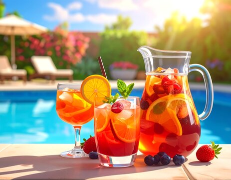 Refreshing fruit punch by pool. Sunlit drinks with oranges, strawberries, and blueberries. Vacation vibes