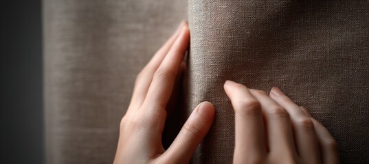 Hands Gently Lifting Corner of Neutral Fabric Drape Covering Plain Box Teaser Product