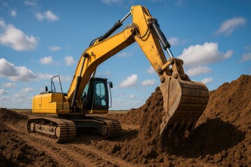 Yellow excavator digging in dirt pile under blue sky with clouds, construction equipment, heavy.