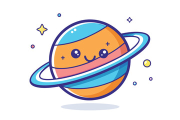 Charming cosmic planet with colorful rings and a cheerful smiling face floating peacefully © Bablu