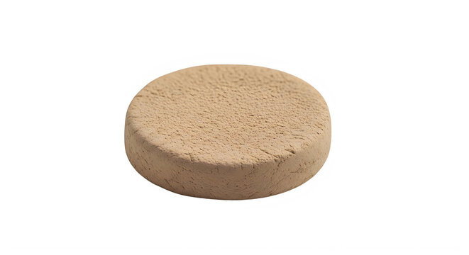 A circular piece of dry terracotta clay shaped like a flat disc with a rough textured surface isolated on transparent background