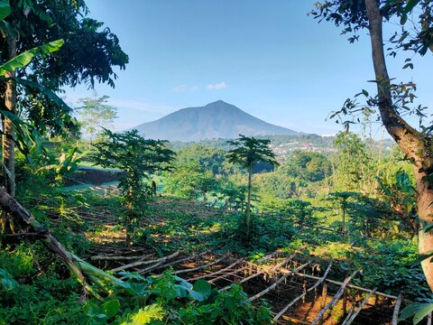 Majestic Mount Cikuray Volcano Landscape with Rural Village in West Java Indonesia
