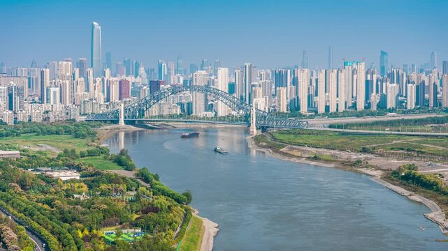 Time-lapse of Han River and Hankou CBD Skyline, Wuhan, Hubei, China