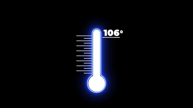 Neon Medical thermometer icon animation on with black background. Digital Temperature Meter Display 106 degree increse or decline. Thermometer equipment showing hot or cold weather.