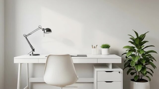 A serene home office setup with a white desk and chair in a calm