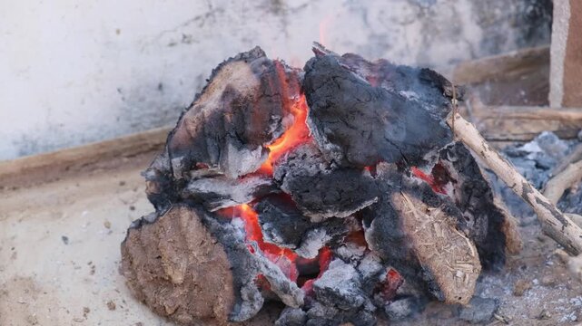 Burning Cow Dung Cakes and Wood Embers in a Traditional Indian Rural Stove