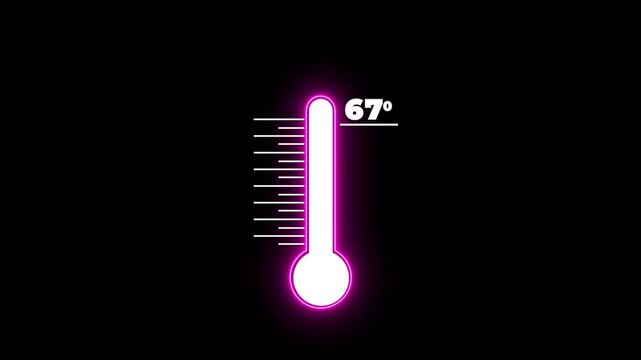 Neon Medical thermometer icon animation on with dark background. Thats indicates weather temperature 67 degree increse or decline animation. Thermometer equipment showing hot or cold weather.