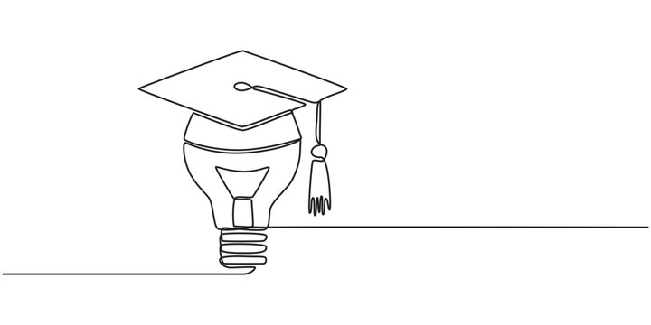 Light bulb and graduation cap continuous line drawn. Creative smart idea symbol. Vector illustration isolated on white, One single line drawing of bright lightbulb wearing graduation cap identity.