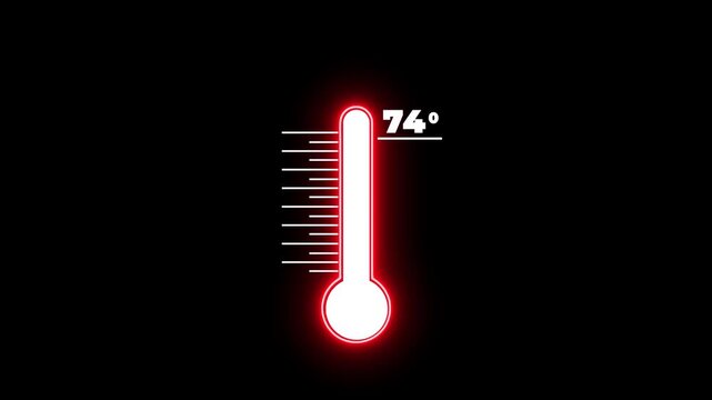 Neon Medical thermometer icon animation on with dark background. Thats indicates weather temperature 74 degree increse or decline animation. Thermometer equipment showing hot or cold weather.