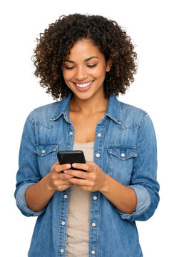 PNG Smiling woman using smartphone.