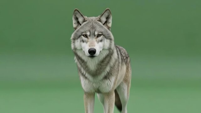 A wolf standing in a green field looking directly at the camera