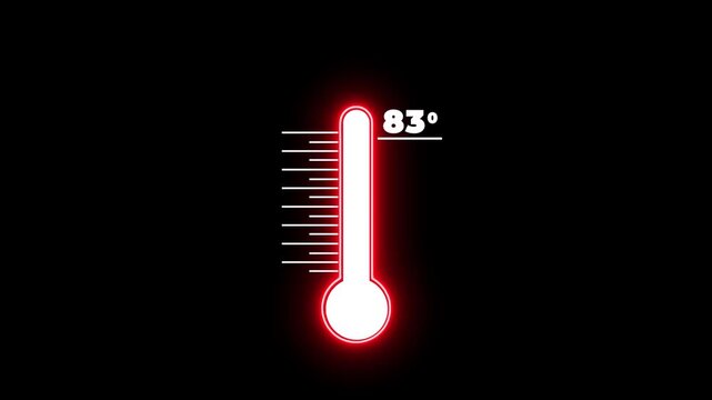 Neon Medical thermometer icon animation on with dark background. Thats indicates weather temperature 83 degree increse or decline animation. Thermometer equipment showing hot or cold weather.