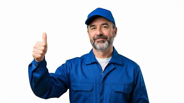 A smiling handyman giving a thumbs up in a blue uniform on
