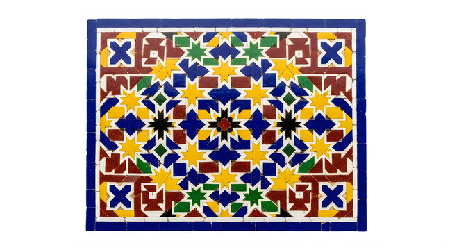 Intricate moroccan zellige tile design featuring geometric star patterns in vibrant primary colors isolated on transparent background