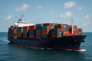 Large cargo ship carrying stacked shipping containers navigates the deep blue ocean, logistics.