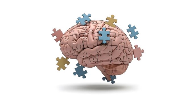 Brain and Puzzle: A vivid illustration depicts a realistic brain adorned with colorful puzzle pieces, symbolizing the intricate nature of human intellect and cognitive functions.