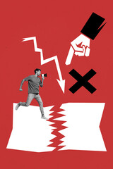 Trend artwork banner sketch photo collage of hand finger point down arrow young man run hold...