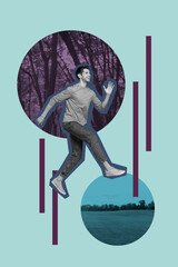 Image trendy art banner sketch collage of happy man run field park bloom tree spring summer season...