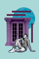 Image trendy art banner collage of happy man sit door entrance relocation new house purchase...