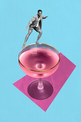 Composite sketch design artwork 3D photo collage of young man dance smile glass rink cocktail...