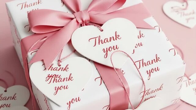 A heartwarming showcasing pink and white heart-shaped thank you cards and gifts