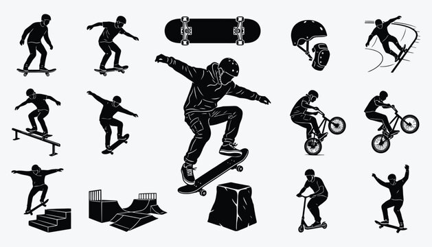 Skateboarder and Bike silhouettes performing extreme sport tricks in a park