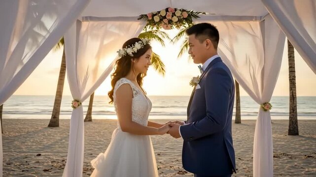 A romantic beach wedding with a couple holding hands under a floral arch