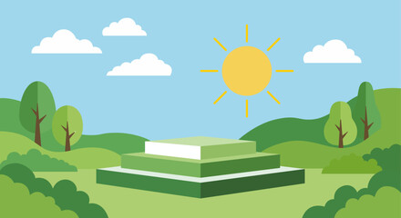 Podio verde escalonado en un paisaje natural con árboles bajo un cielo soleado