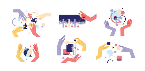Fototapeta premium Hands illustrations. Vector concepts of hands in different activities. Creative illustrations for graphic and web design, marketing, business presentation, social media