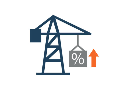 Gr&uacute;a industrial elevando un bloque con el s&iacute;mbolo de porcentaje y una flecha naranja de crecimiento