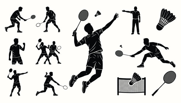 Badminton players silhouettes set with rackets and shuttlecocks