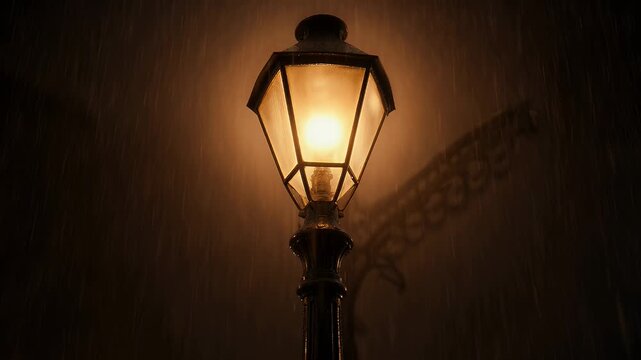 Ornate vintage street lamp illuminates falling rain at night, casting soft patterns on wet wall