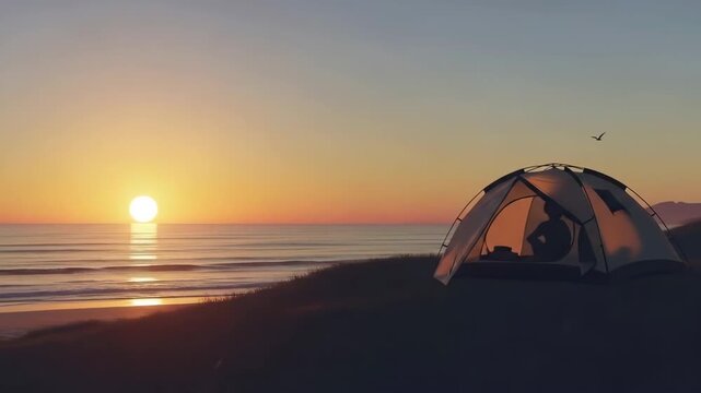 A serene beach scene at sunset with a tent on the shore