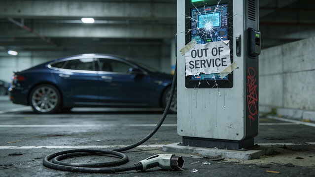 EV station vandalized with smashed screen and out of service sign in underground parking garage for urban infrastructure and insurance reporting