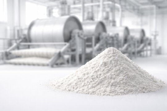 Cassava starch powder pile on clean surface with industrial food processing equipment in background representing tapioca starch production and natural food ingredient manufacturing