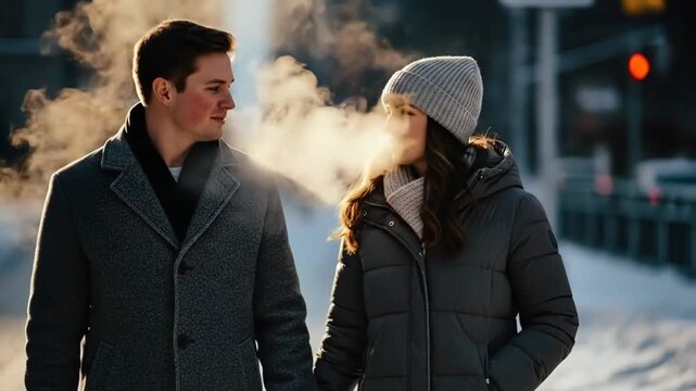 A young couple enjoying a winter walk while vaping in the cold air outdoors