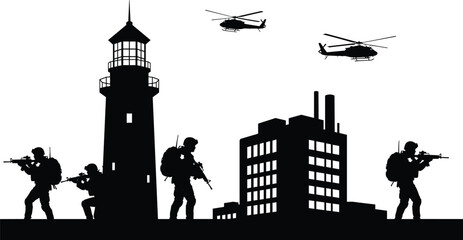 Black silhouette vector of military soldiers on mission near a lighthouse and industrial building with helicopters flying overhead representing defense security © Saminur