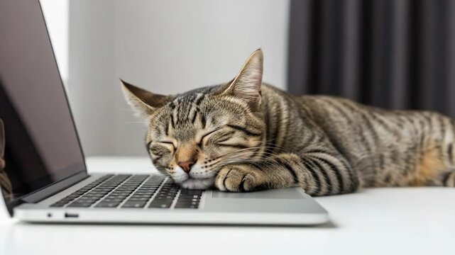 A curious cat sleeping on a laptop keyboard in a modern home office
