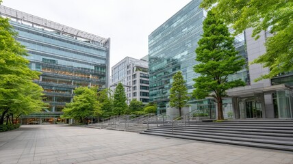 Fototapeta premium Modern Office Buildings Surround Green Park Space, Creating an Appealing Urban Oasis for Business Professionals