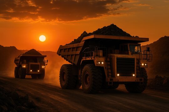 Heavy haul trucks move dirt and ore in a mine at sunset, haul trucks, mining, heavy equipment.