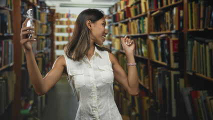 Thai woman holding smartphone with raised hand and pointing finger among tall bookshelves in building aisle  playful engagement. © Krakenimages.com