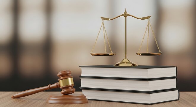Golden scales of justice and wooden gavel with stacked law books on a light wooden desk, symbolizing legal concepts, law, and court proceedings with a blurred background.
