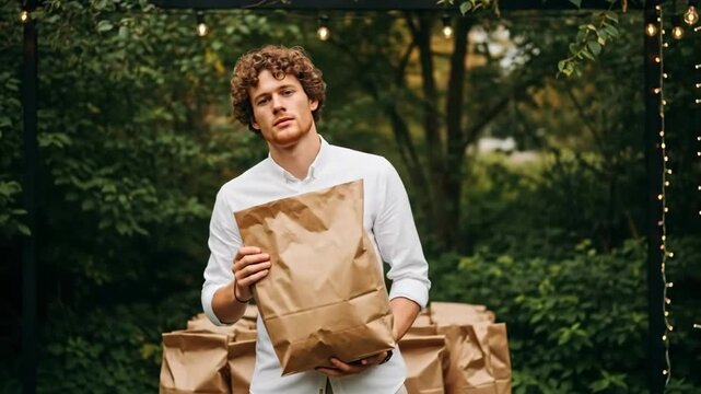 A man holding a brown paper bag in a serene outdoor setting with lush greenery
