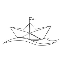 A simple line drawing of a paper boat on water