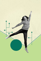 Zine banner vertical photo collage of happy businesswoman businessman stand target arrow progress...