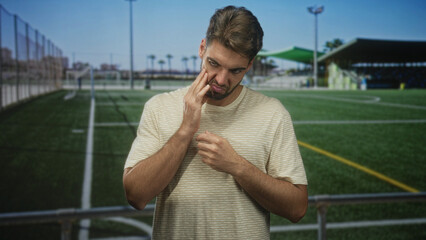 Man touching cheek with hand on outdoor soccer field beside stadium building  toothache discomfort pain. © Krakenimages.com