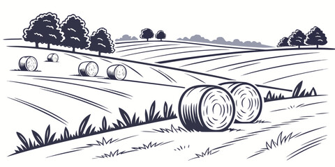 a field with hay bales and trees in the distance Vector © zalal