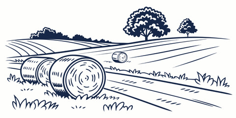 a blue and white drawing of hay bales in a field Vector © zalal