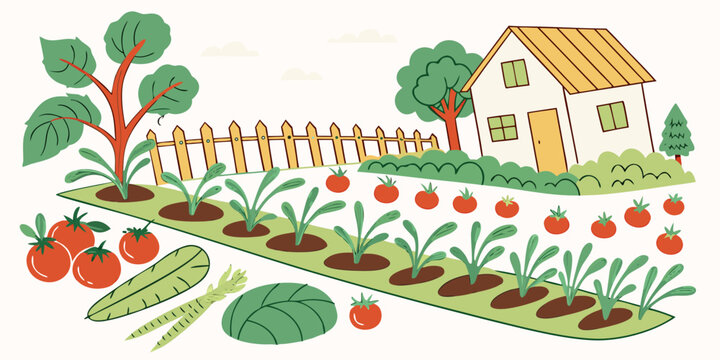 a garden with a house and a variety of plants and vegetables growing Vector